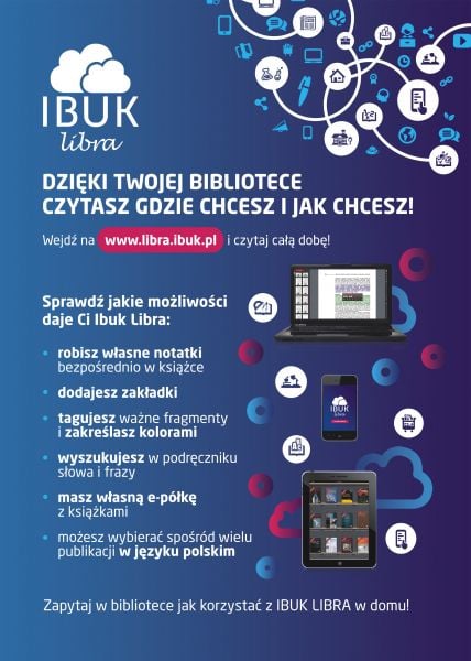 Plakat kolorowy, informacja o ofercie Ibuk Libra