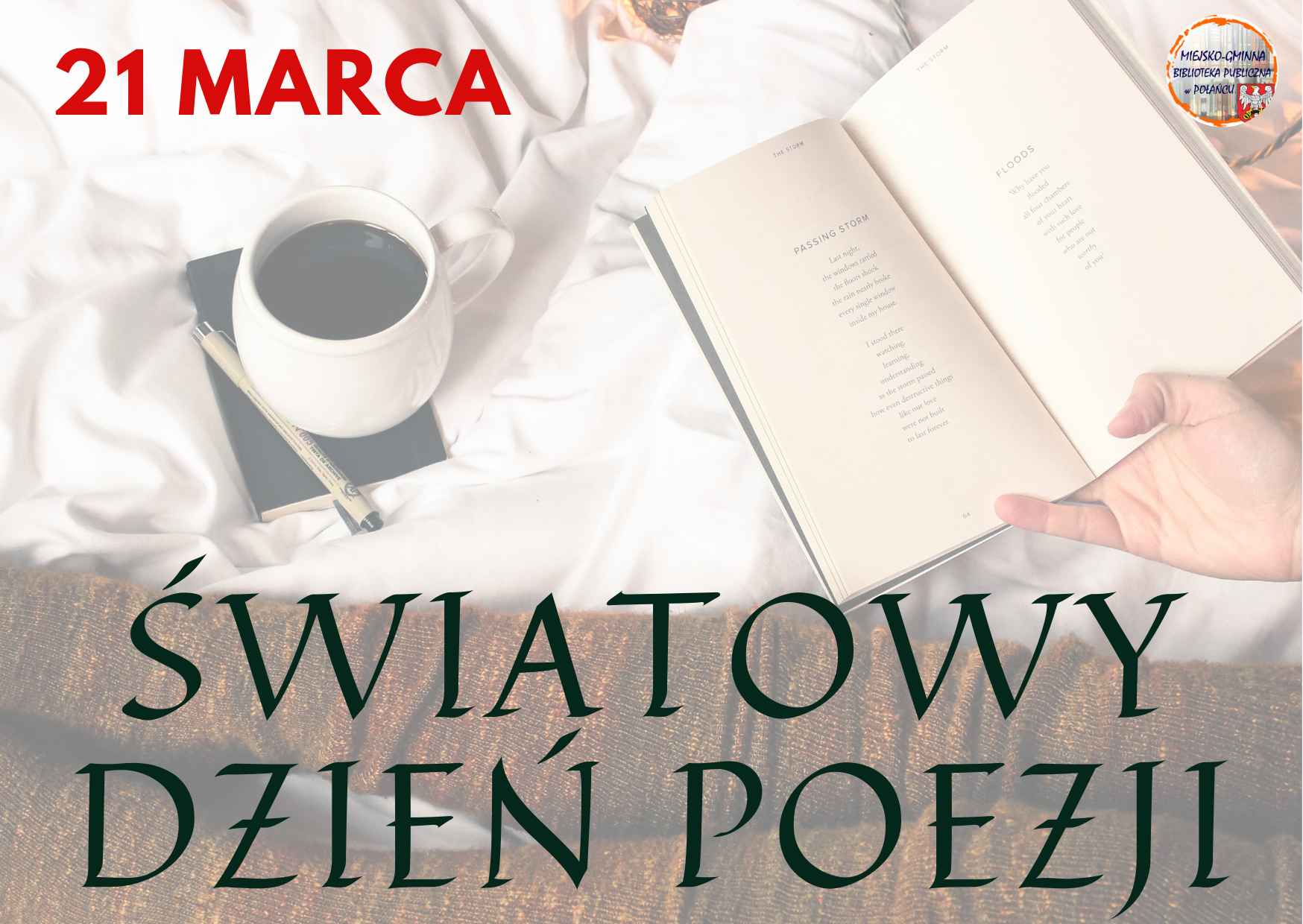 Plakat kolorowy, 21 marca, światowy dzień poezji