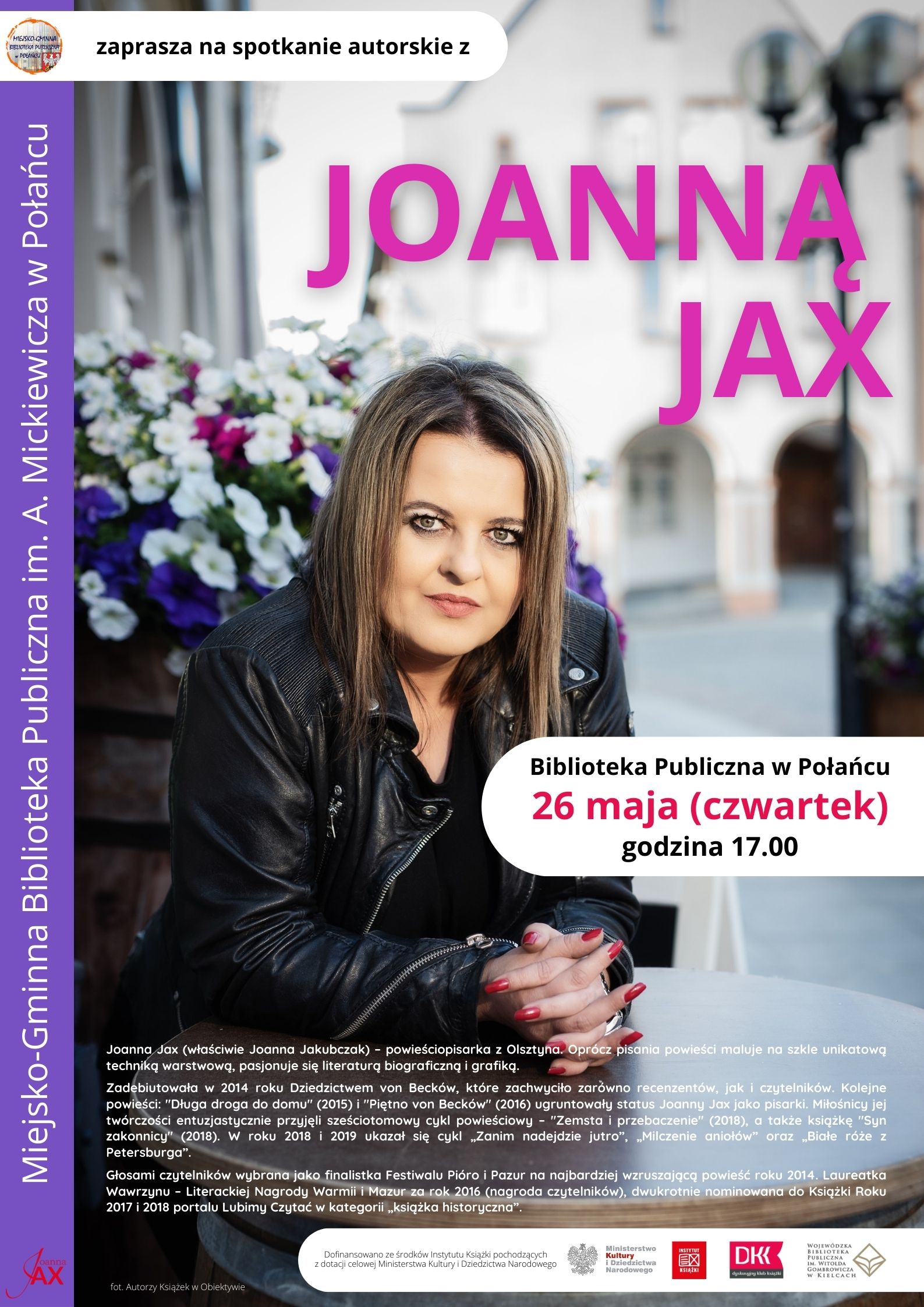 Plakat kolorowy, zaproszenie na spotkanie autorskie z Joanną Jax w Bibliotece