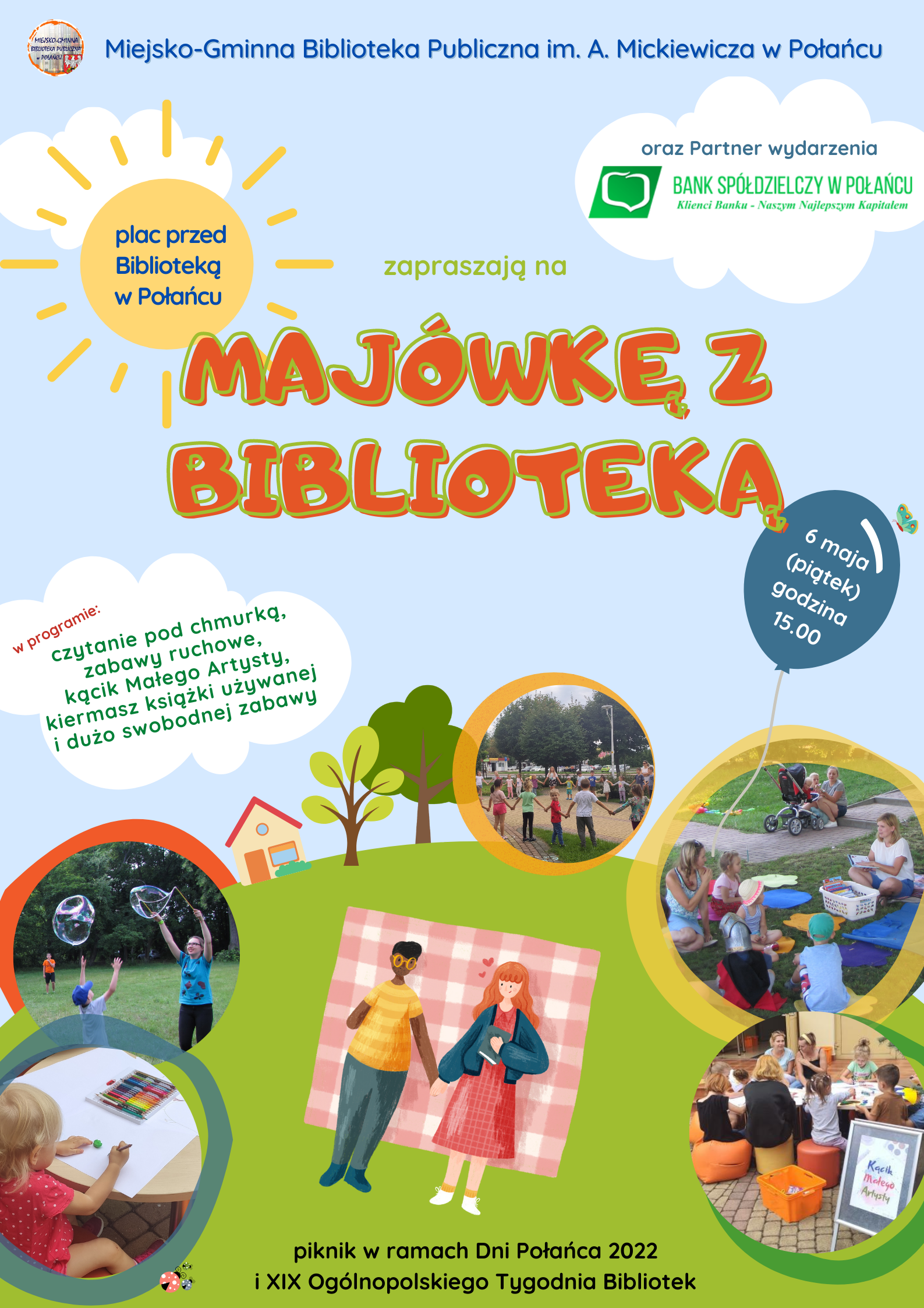 Plakat kolorowy zapraszający na Majówką z Biblioteką, który odbędzie się 6 maja o godzinie 15.00 pod Biblioteką w Połańcu