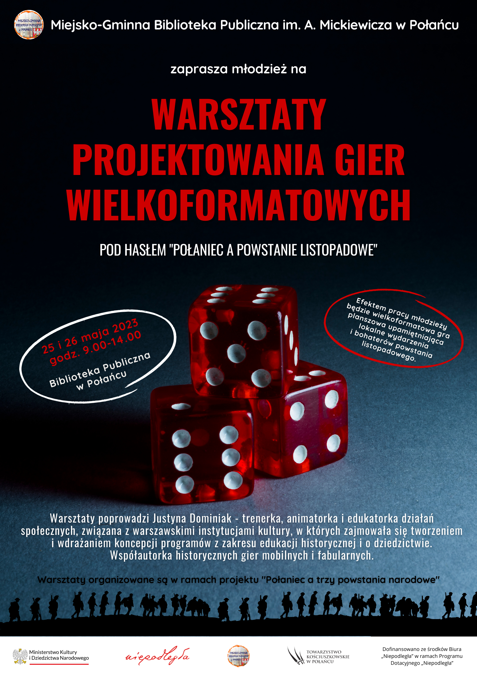 Plakat kolorowy, zaproszenie na warsztaty z projektowania wielkoformatowych gier planszowych które odbęda się 25 i 26 maja 2023 roku w Bibliotece. Warsztaty dla młodzieży.