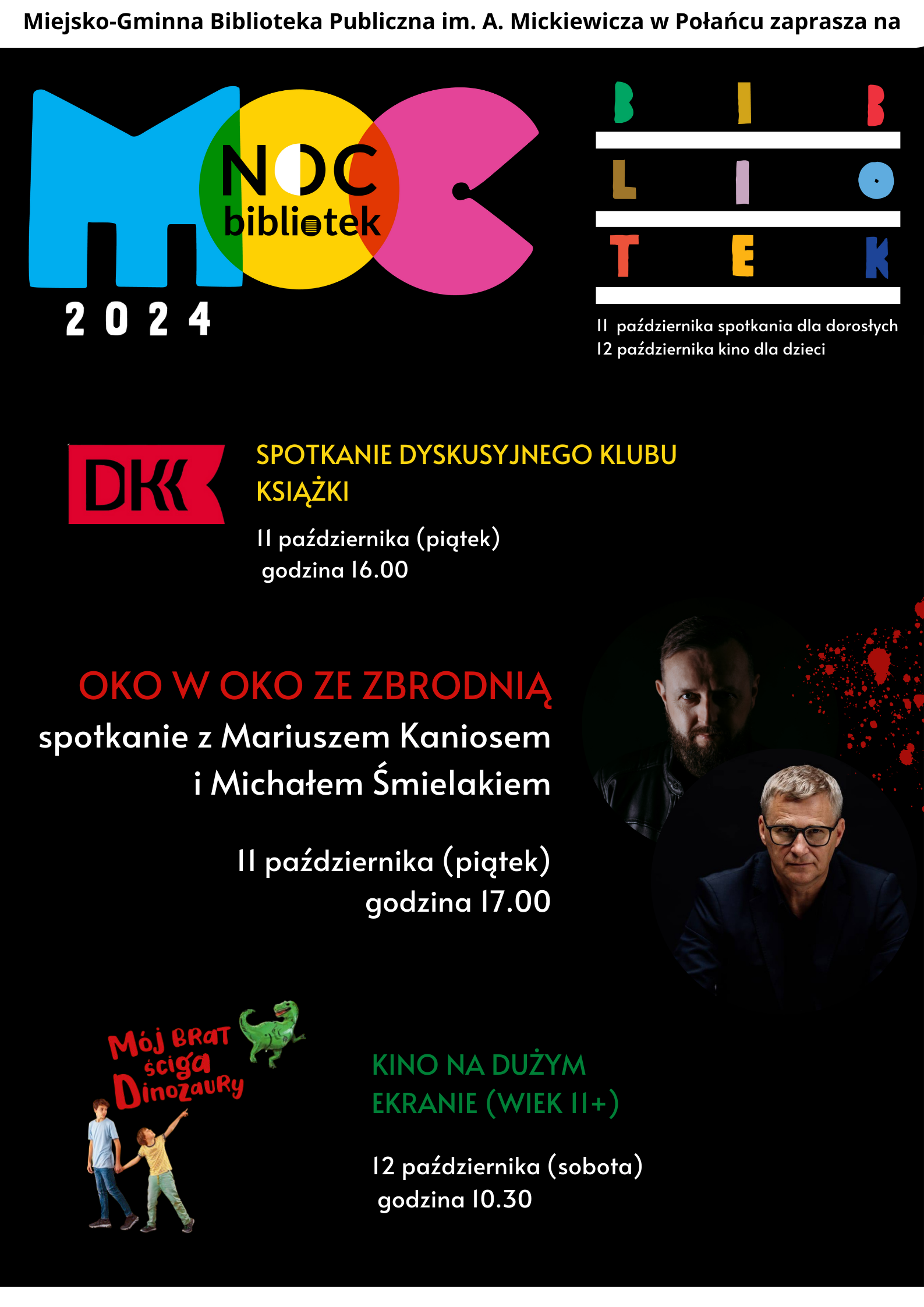 Plakat kolorowy, zaproszenie na Noc Bibliotek