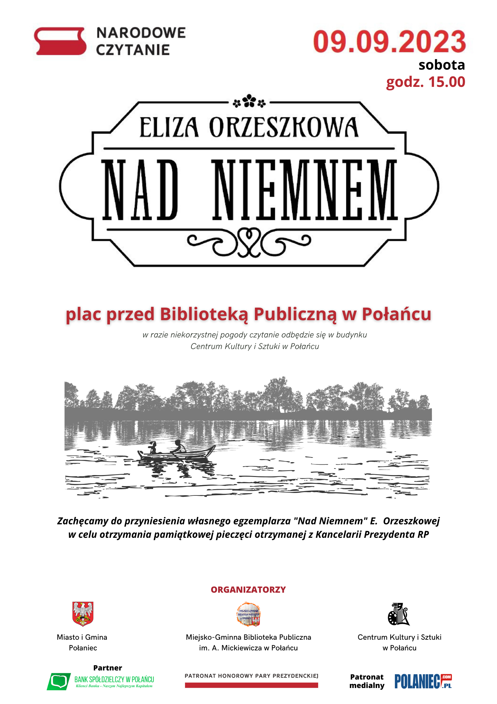 Plakat kolorowy zachęcający do uczestnictwa w Narodowym Czytaniu 9 września przed Biblioteką