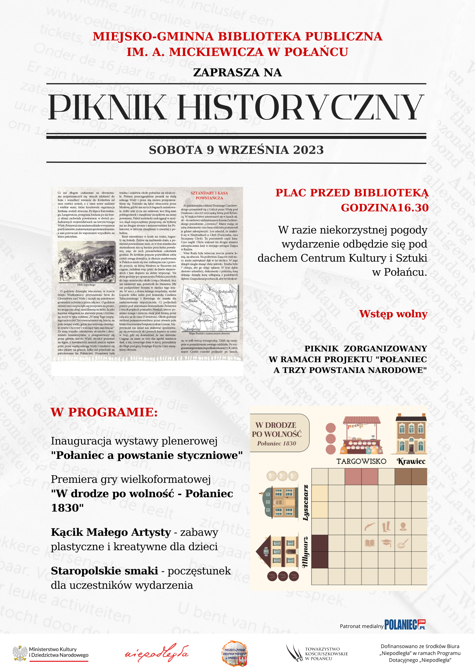 Plakat kolorowy zachęcający do udziału w Pikniku Historycznym na placu przed Biblioteką 9 września 2023