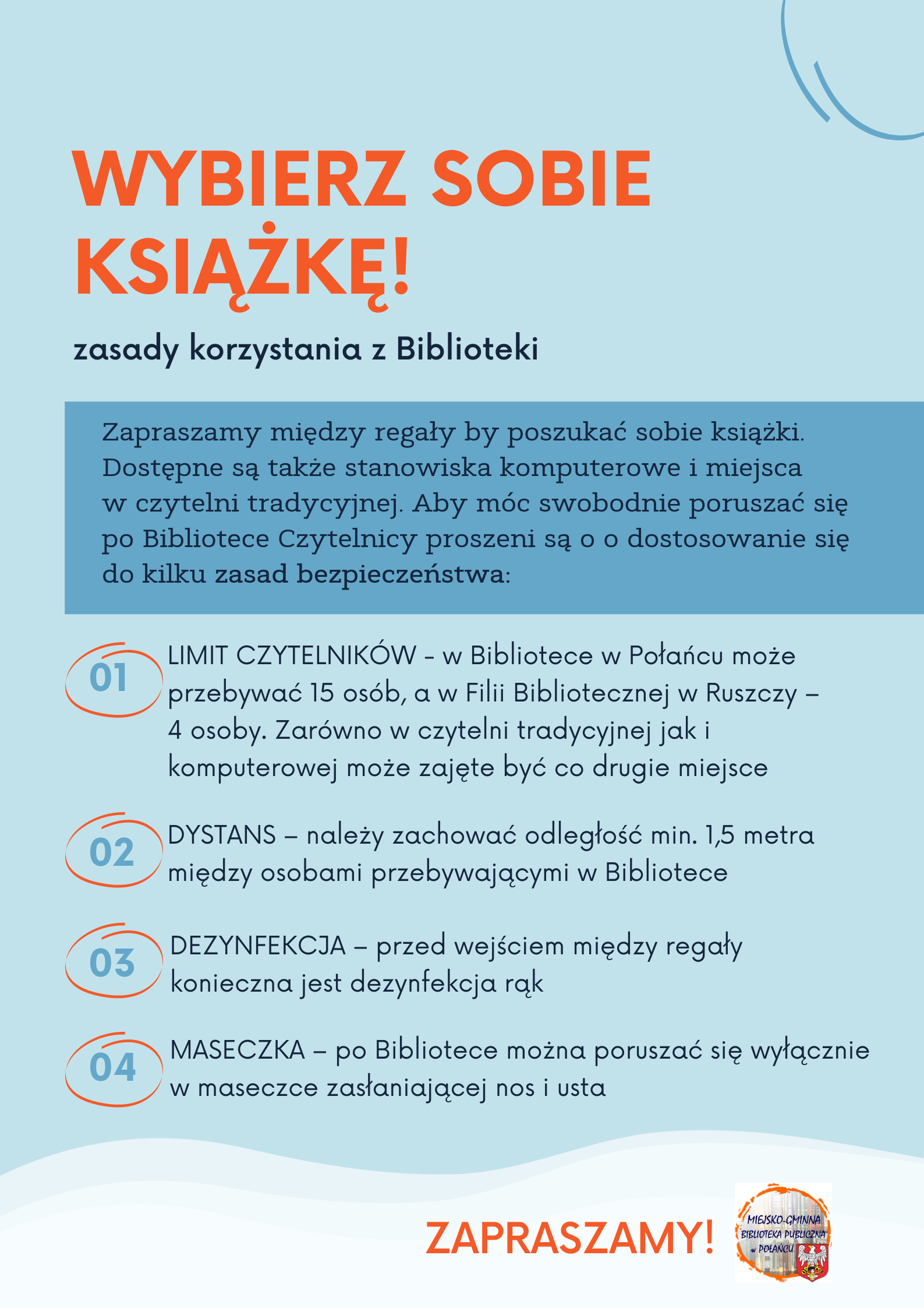 Plakat informujący o zasadach korzystania z biblioteki podczas pandemii