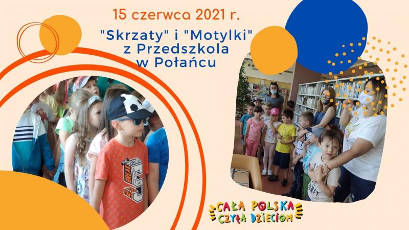 Zdjęcie kolorowe, kadr z prezentacji z głośnego czytania przedszkolakom w bibliotece