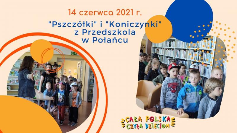 Zdjęcie kolorowe, kadr z prezentacji z głośnego czytania przedszkolakom w bibliotece