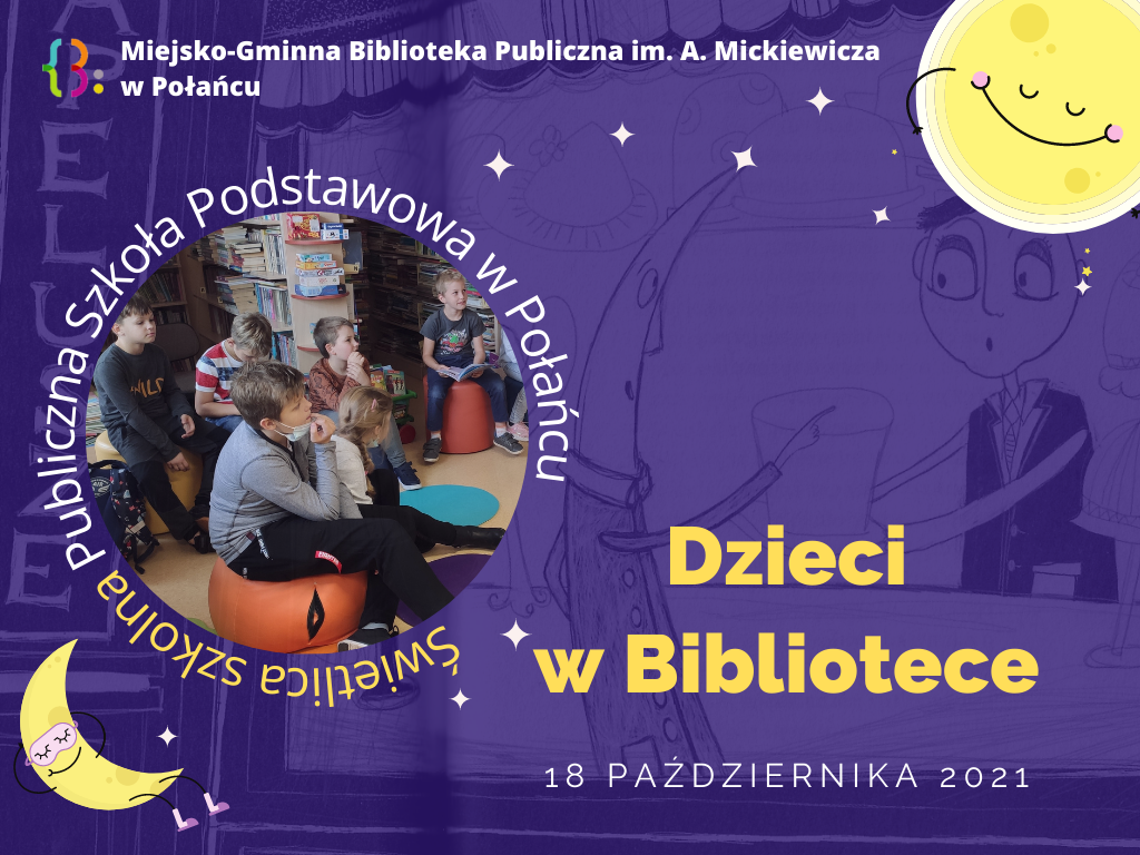 Zdjęcie kolorowe, strona prezentacji, dzieci w bibliotece w Połańcu