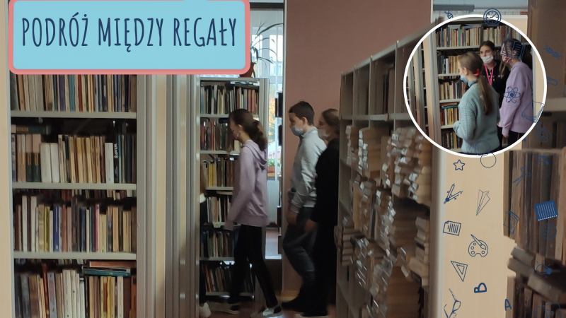 Kadr z prezentacji dotyczącej wycieczki siódmoklasistów do Biblioteki, zdjęcie klasy i napis to podróż między regały