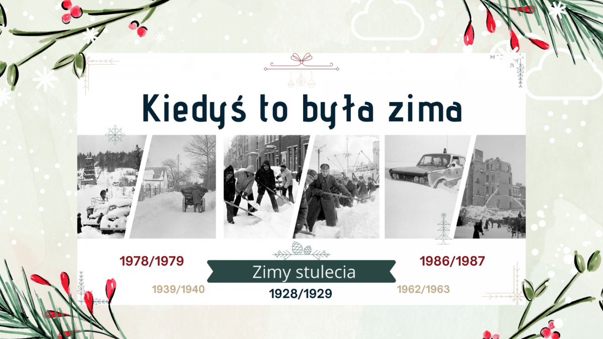 Kadr z prezentacji Kiedyś to była zima, na fotografii fragment wystawy w Bibliotece w zimowo świątecznej szacie