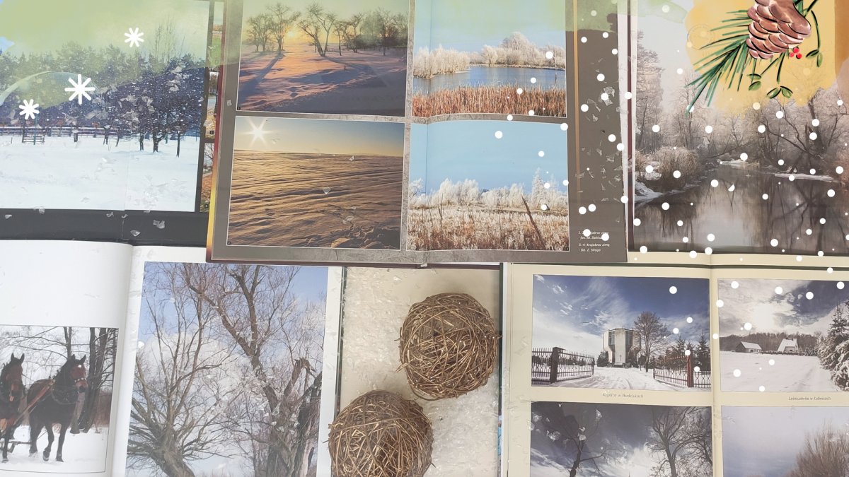 Kadr z prezentacji Kiedyś to była zima, na fotografii fragment wystawy w Bibliotece w zimowo świątecznej szacie