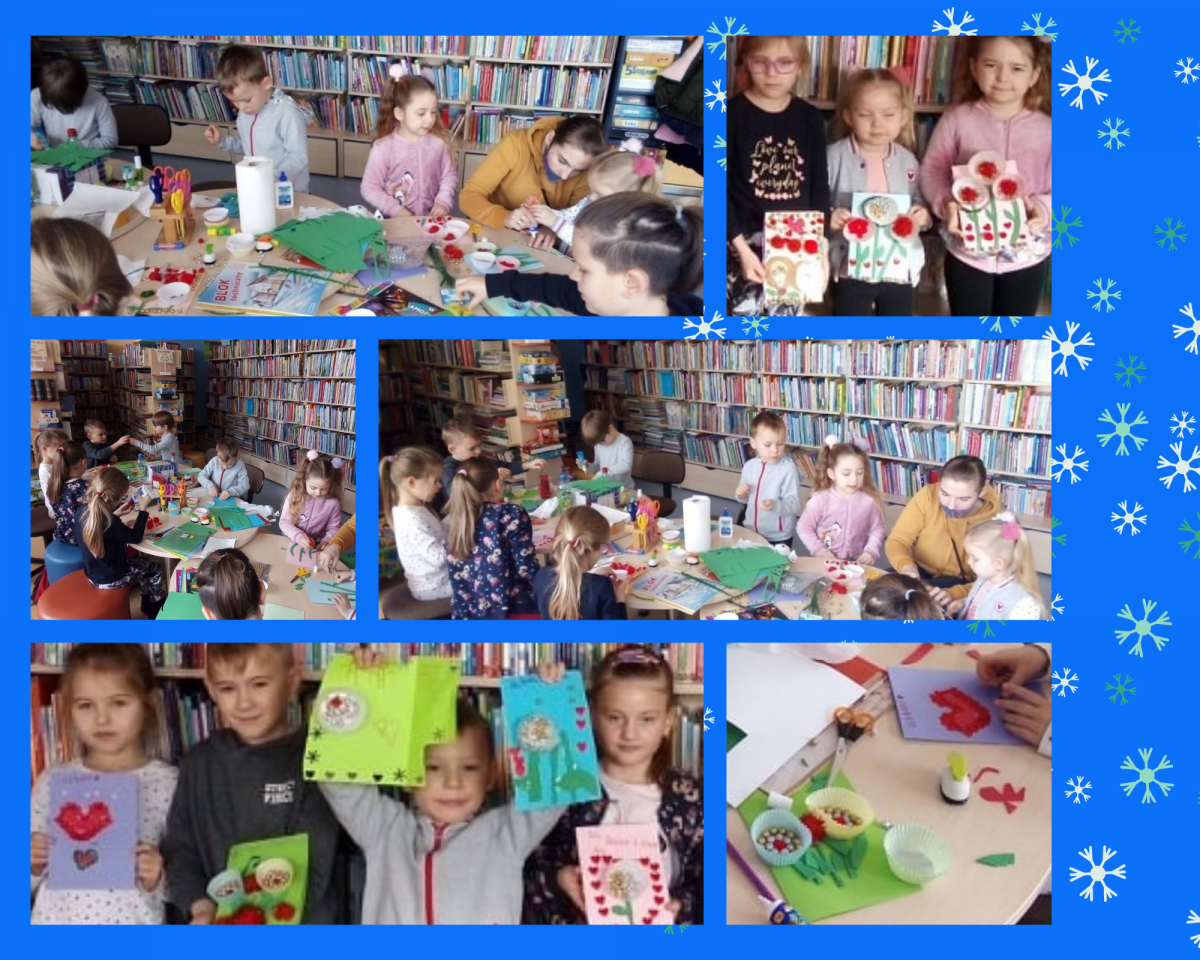 Zdjęcie kolorowe, dzieci podczas zabaw w ferie w bibliotece