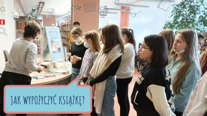 Zdjęcie kolorowe, młodzież z klasy szóstej na lekcji bibliotecznej