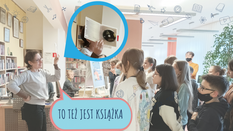 Zdjęcie kolorowe, młodzież z klasy szóstej na lekcji bibliotecznej