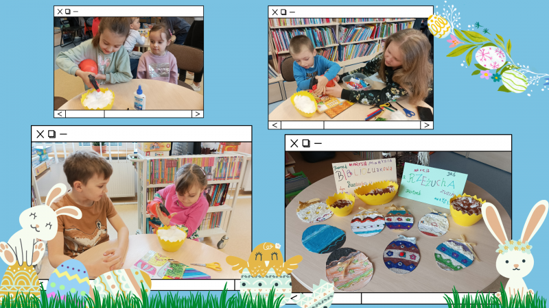 Zdjęcie kolorowe, dzieci na zajęciach przedświątecznych w Bibliotece