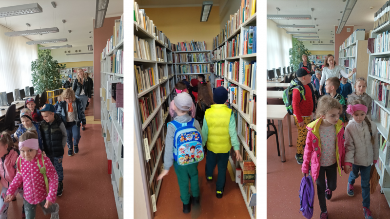 Zdjecie kolorowe, uczestnicy spaceru historycznego - przedszkolaki z Ruszczy