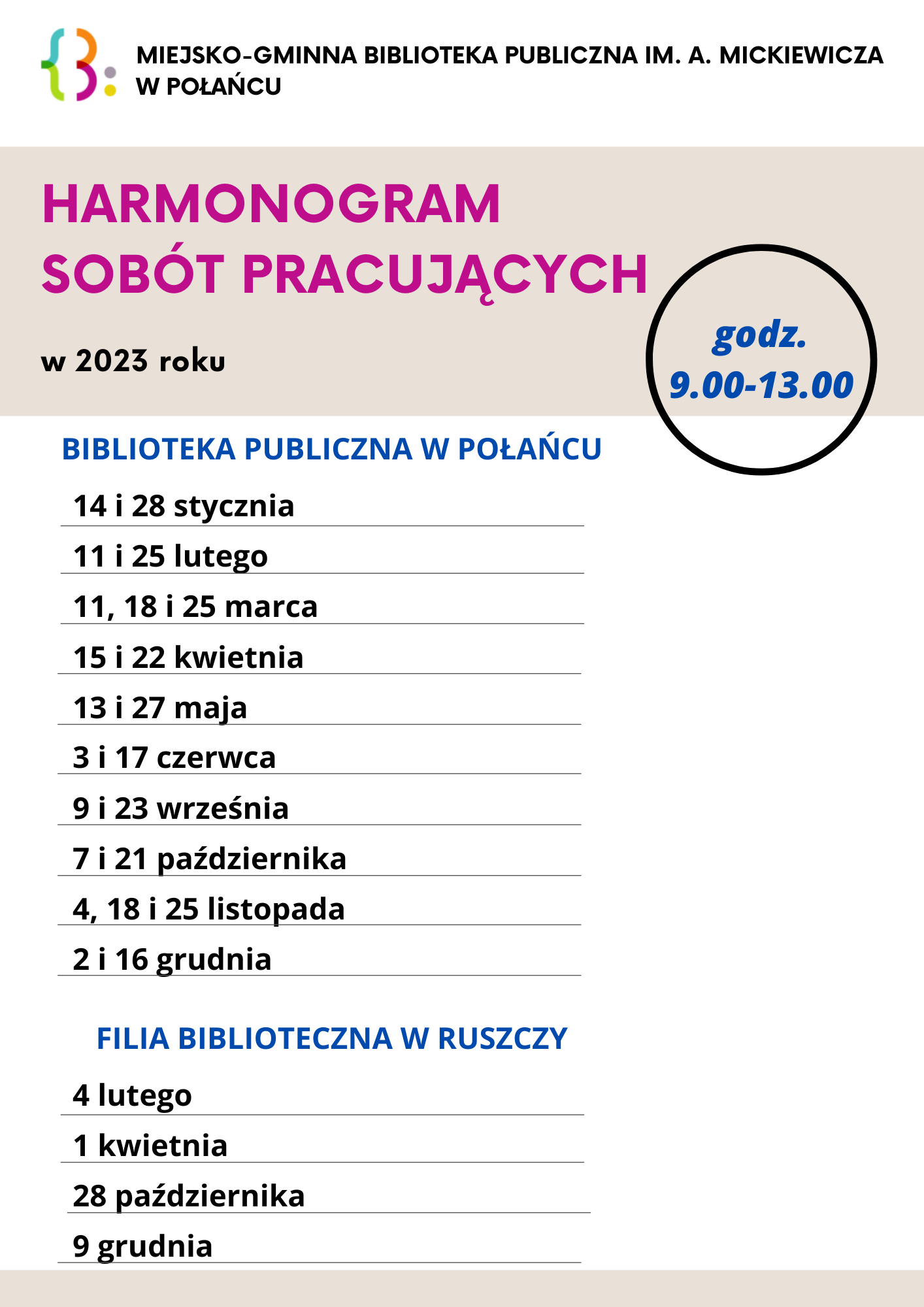 Harmonogram sobót pracujących w 2023 roku
