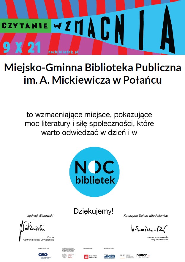 Dyplom w podziękowaniu za udział Biblioteki w Nocy Bibliotek