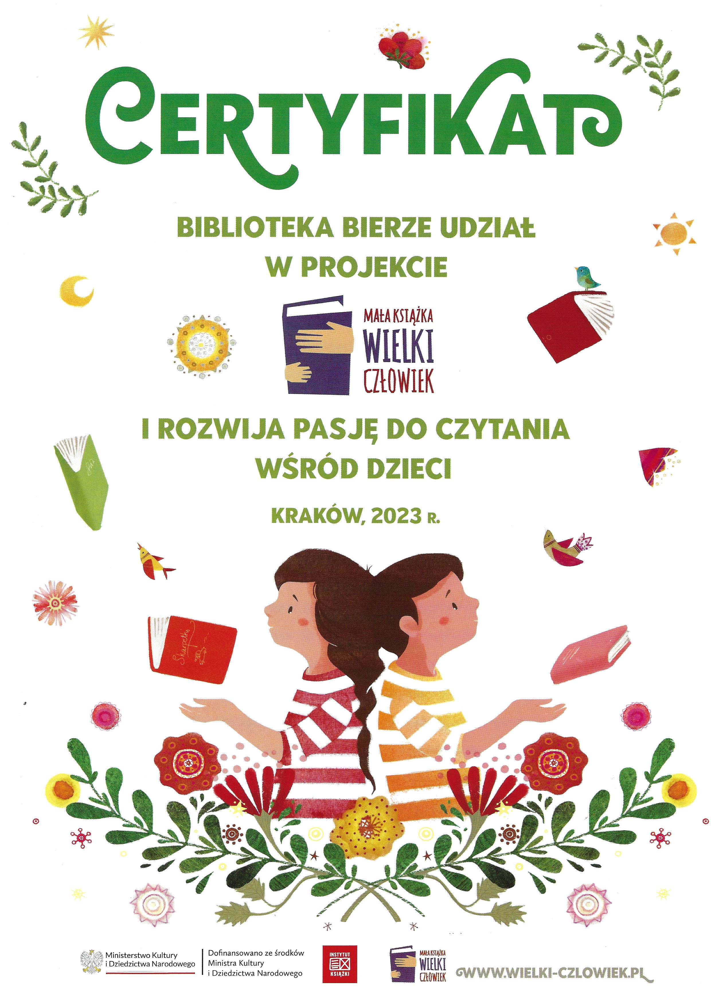 Certyfikat uczestnictwa Biblioteki w Połańcu w akcji Mała Książka Wielki Człowiek