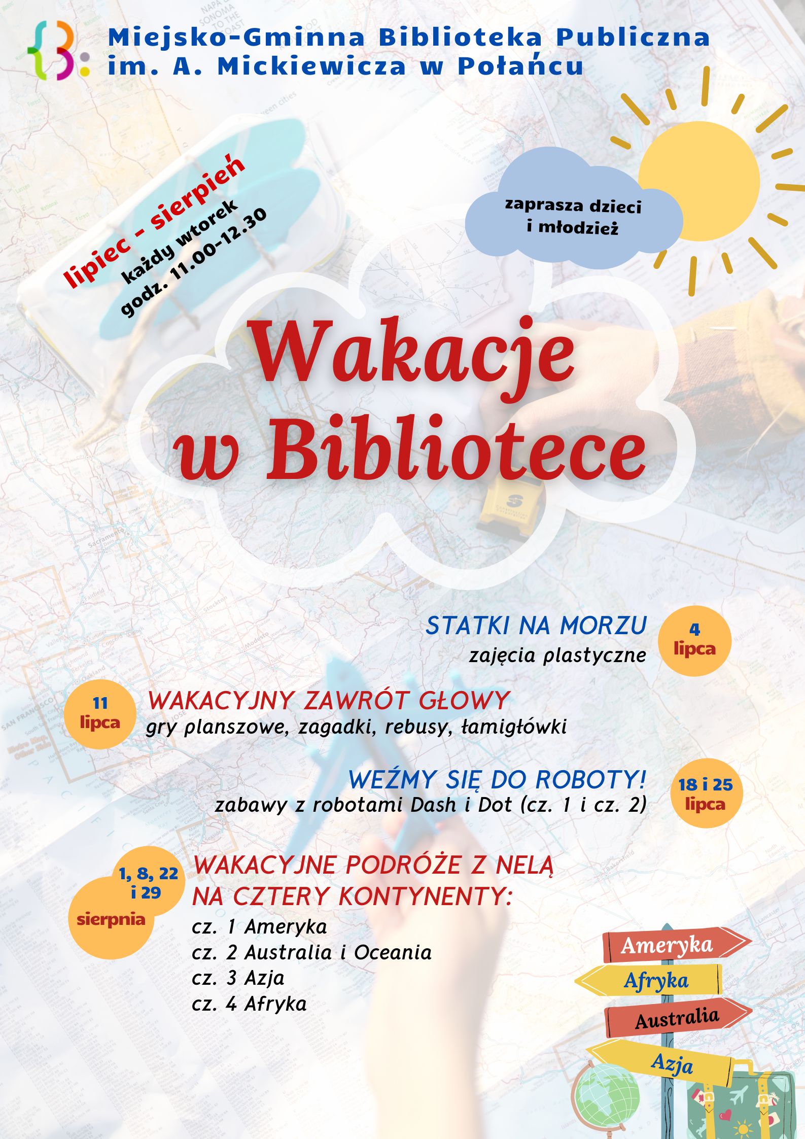 Plakat kolorowy zaproszenie na wakacje w Bibliotece 2023